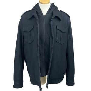 GUESS Mens‎ (L) Military Black Jacket Zip-Out Hoodie Pockets Coat Utility Lined